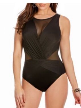 Miraclesuit Palma Deep V Illusionist One Piece Swimsuit Black Size 10 NWOT Mesh